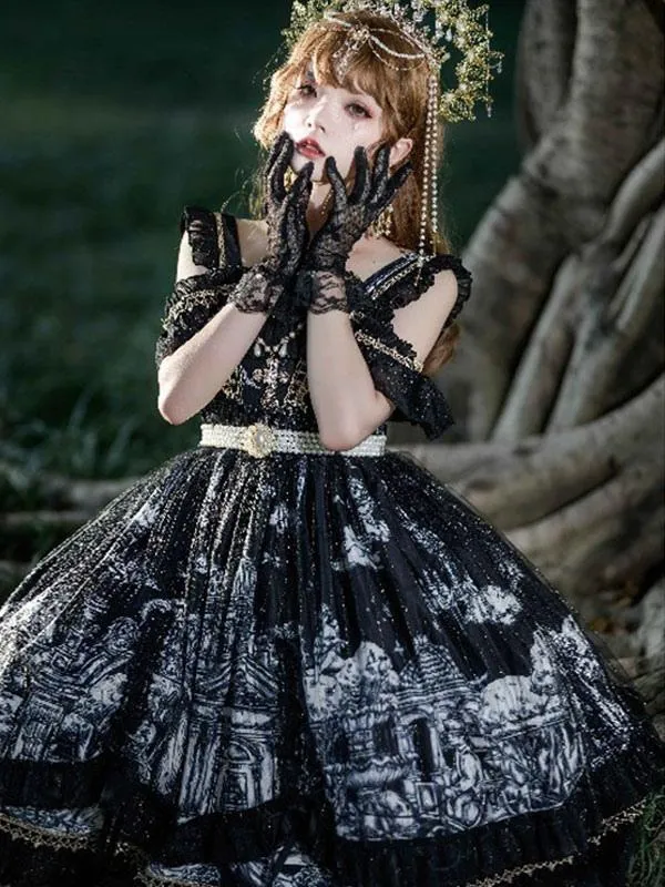 Gothic Lolita Dresses Lace Ruffles Black Dark JSK Suspender Dress